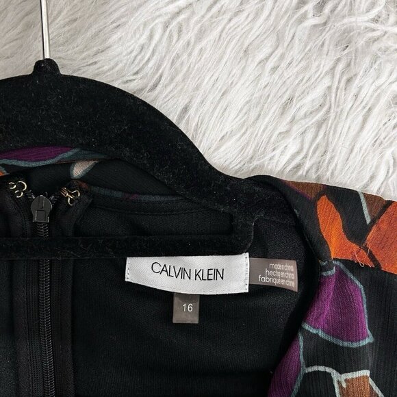 Calvin Klein Floral Asymmetrical Wrap Dress Sz 16 Surplice Neckline Ruffle Cuff - Picture 9 of 13